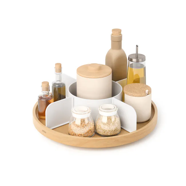 Bellwood Rotating Tray - White, Natural - 1 - Wooden tray, beige cylindrical container, cork stopper, transparent glass