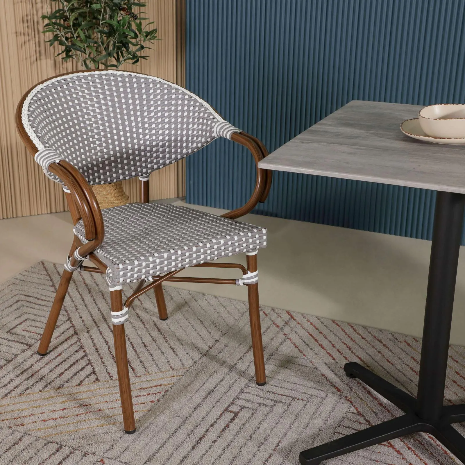 Kora Outdoor Dining Arm Chair - Grey + White Gingham - 7