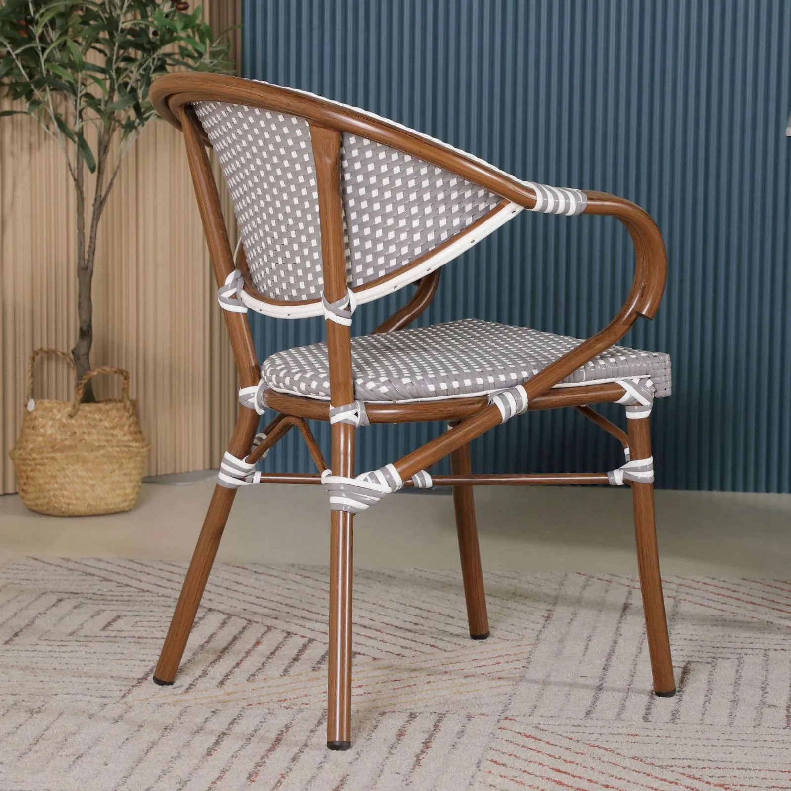 Kora Outdoor Dining Arm Chair - Grey + White Gingham - 9