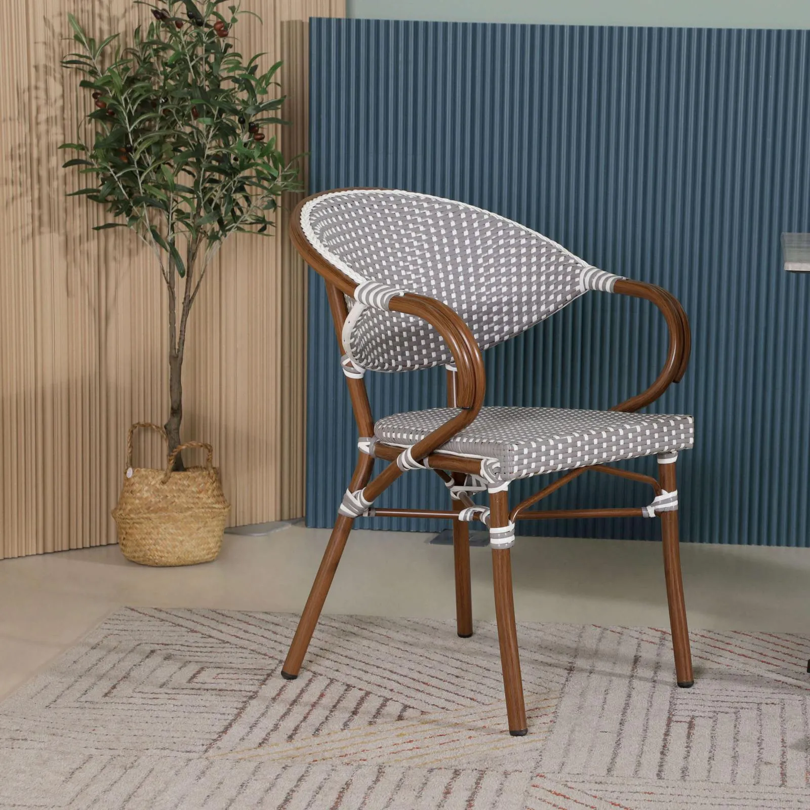 Kora Outdoor Dining Arm Chair - Grey + White Gingham - 11