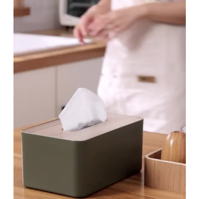 Wooden Tissue Box - Olive - 4 - tissue box, kitchen counter, modern design, wooden surface, person using, hands, kitchen