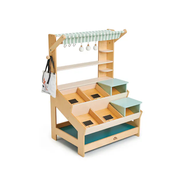Tender Leaf Toy Kitchen - General Stores - 1 - Wooden playset with green and white striped canopy, hanging white and brown