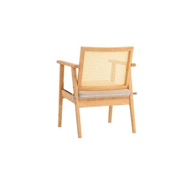Kiki Rattan Lounge Chair - 4 - Light wooden chair, natural wood finish, woven backrest, cushioned seat, minimalist design