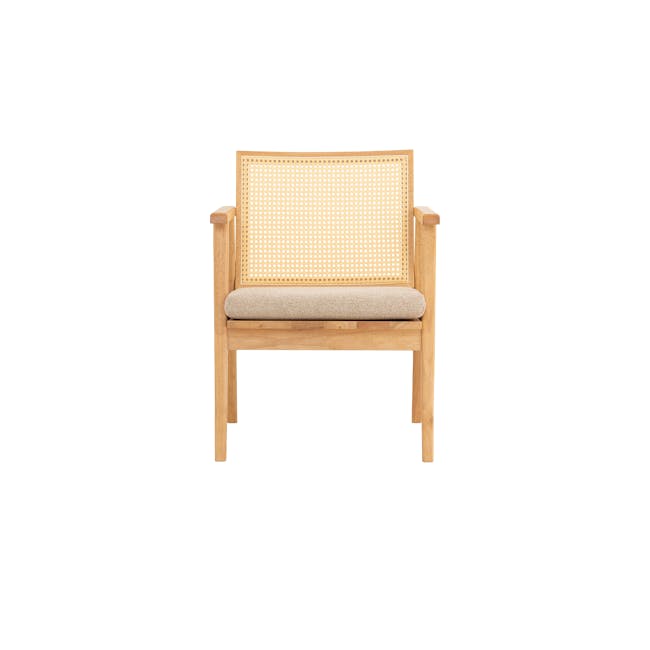 Kiki Rattan Lounge Chair - 6 - Wooden chair with woven backrest, beige cushion, natural wood finish, minimalist design