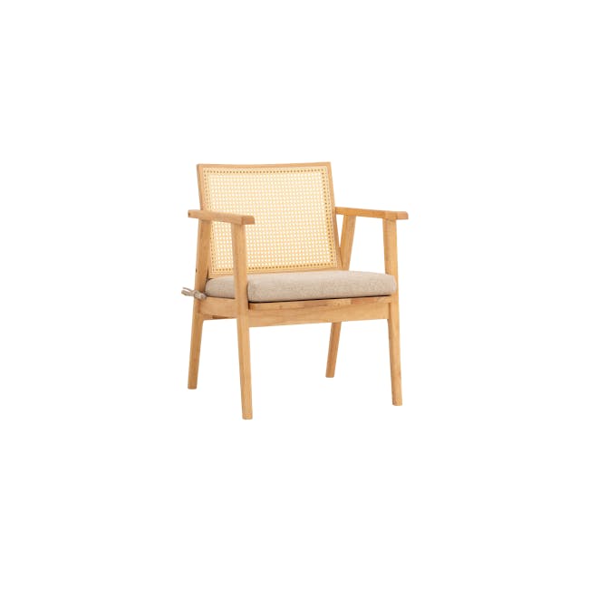 Kiki Rattan Lounge Chair - 1 - Wooden chair with woven backrest, light brown finish, cushioned seat, natural wood frame