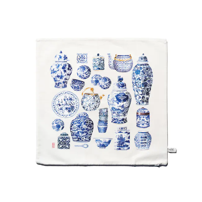 Singlapa Blue Porcelain Cushion Cover - 1 - Blue and white porcelain vessels, intricate designs, traditional Chinese art