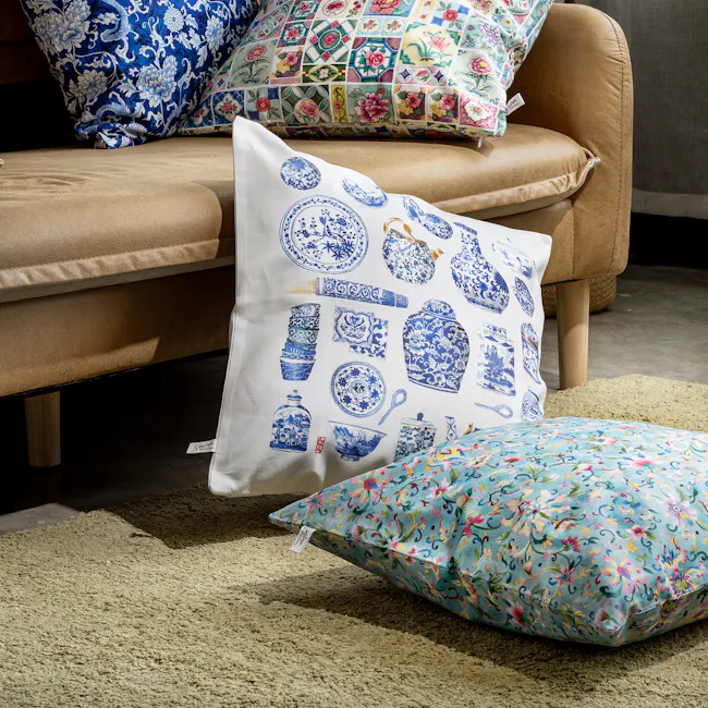 Singlapa Blue Porcelain Cushion Cover - 3 - Floral-patterned cushions, blue and white porcelain teapots, colorful floral