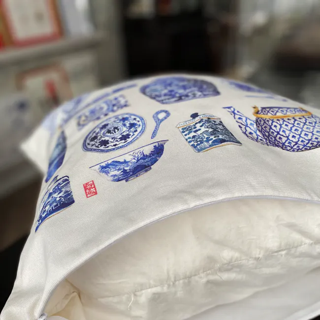 Singlapa Blue Porcelain Cushion Cover - 4 - Chinese blue and white embroidered fabric, intricate patterns, traditional