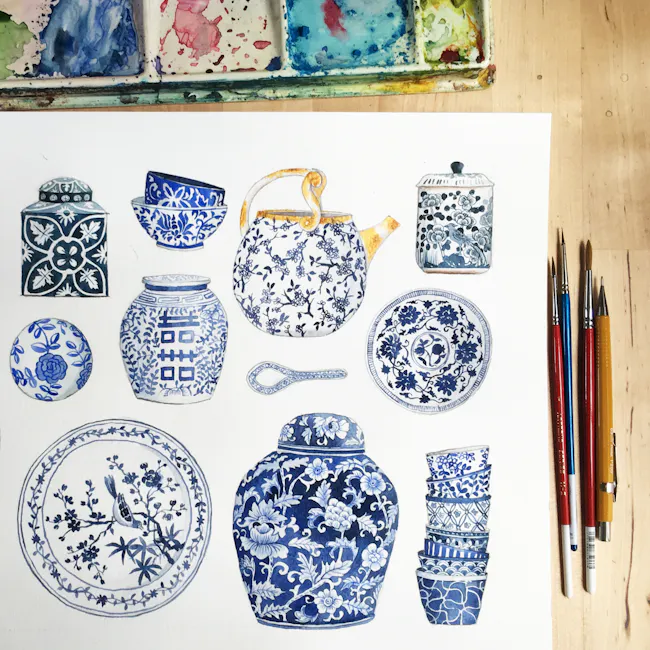 Singlapa Blue Porcelain Cushion Cover - 5 - vibrant blue and white porcelain vessels, intricately detailed teapot, round