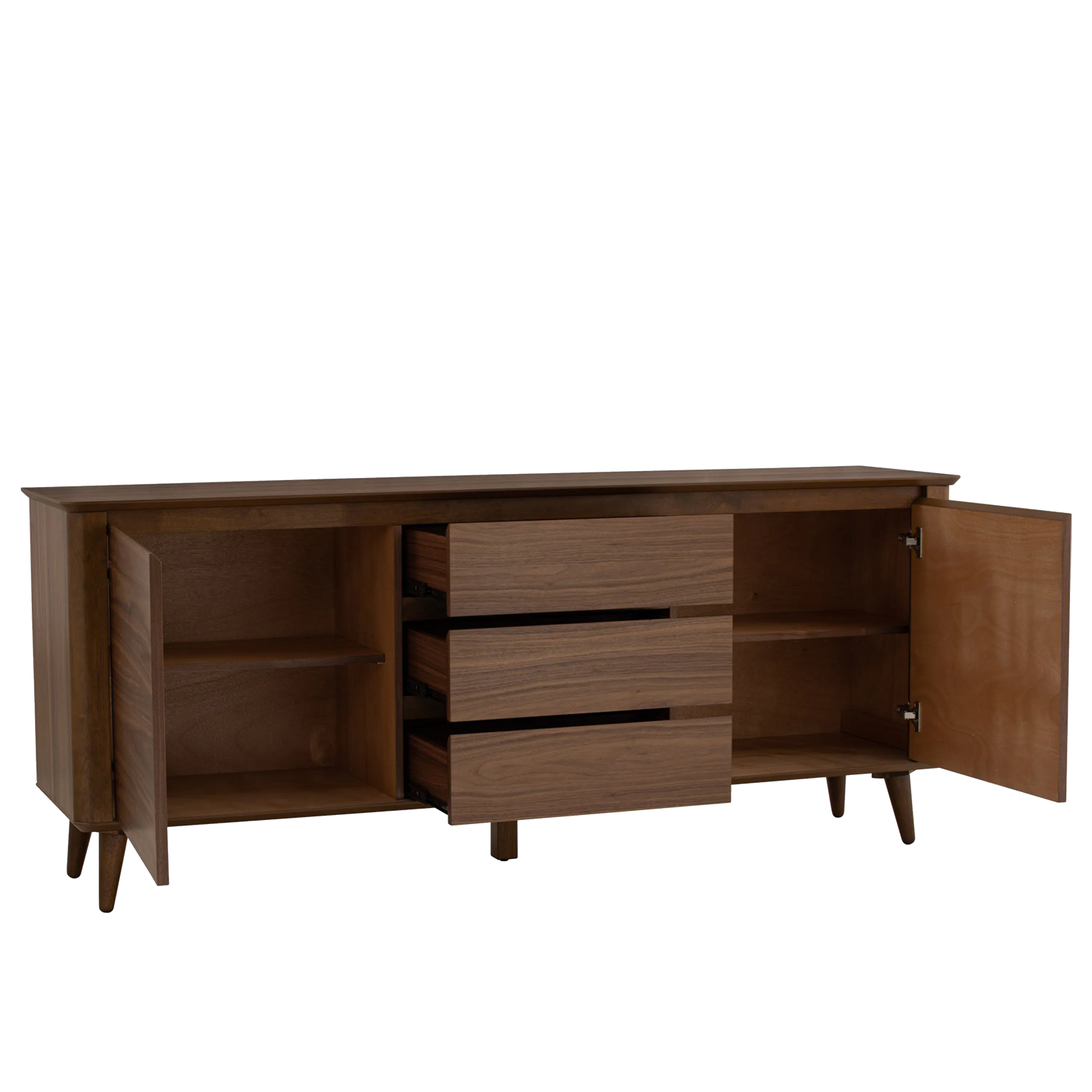 Dimitri Sideboard 1.8m - 9 - Wooden cabinet with open drawers, minimalist design, open shelving, wooden texture, brown