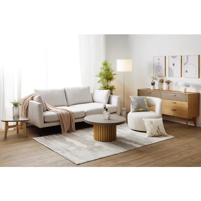 Alyssa Floor Lamp - White, Copper - 2 - Light-filled room with white curtains, modern sofa, beige throw blanket, round