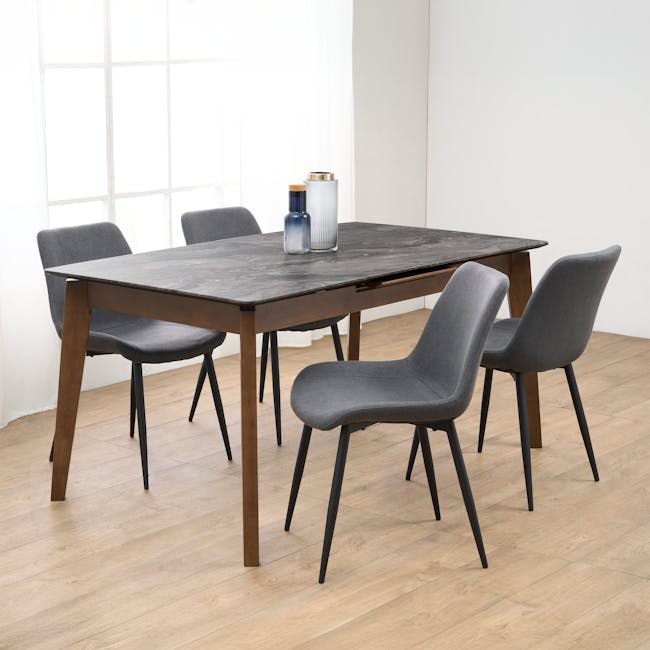 Herman Dining Chair - Dark Grey (Fabric) - 6 - Modern dining room with dark wood table and gray upholstered chairs, large