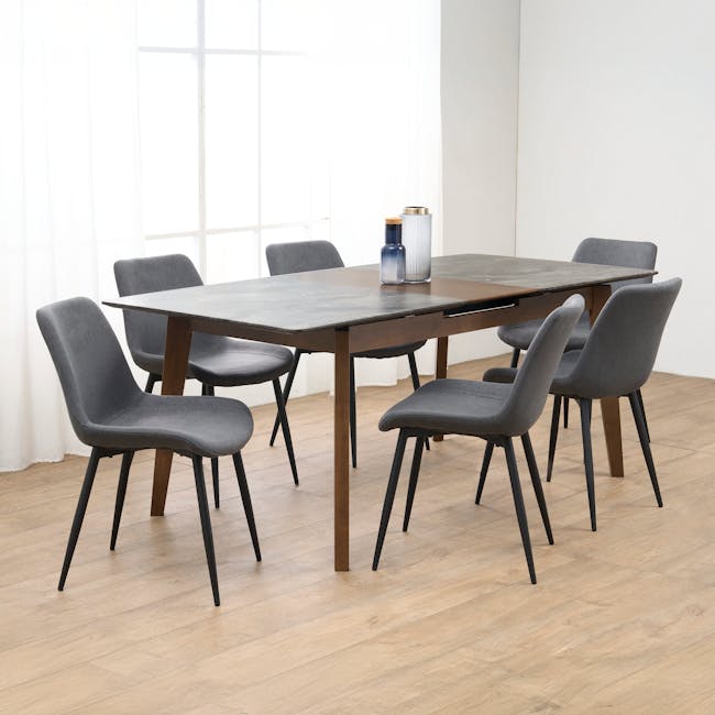 Herman Dining Chair - Dark Grey (Fabric) - 4 - Modern dining room with sleek gray upholstered chairs, minimalist table