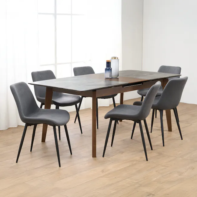 Herman Dining Chair - Dark Grey (Fabric) - 4 - Modern dining room with sleek gray upholstered chairs, minimalist table