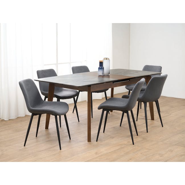 Herman Dining Chair - Dark Grey (Fabric) - 5 - Modern dining room with sleek gray chairs and wooden table, minimalist decor