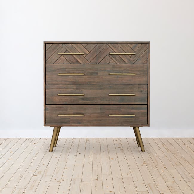 Cadencia 5 Drawer Chest 1m - 2 - Wooden dresser with geometric herringbone pattern, gold handles, minimalist design, three