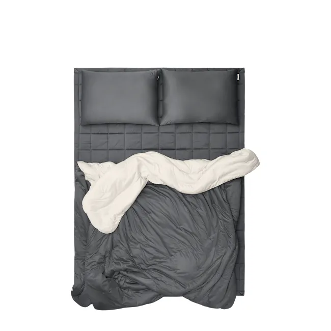 Bodyluv PO-ONG Blanket - Cream White & Charcoal (2 Sizes) - 5 - Grey bed with white bedding, neatly made bed, modern