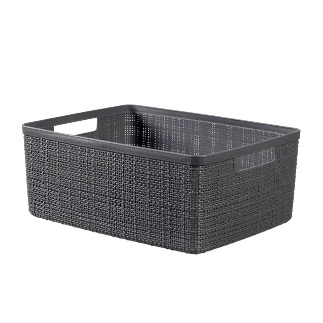 Jute Basket - Grey (3 Sizes) - 1 - Woven basket, black plastic, rectangular shape, perforated design, outdoor storage