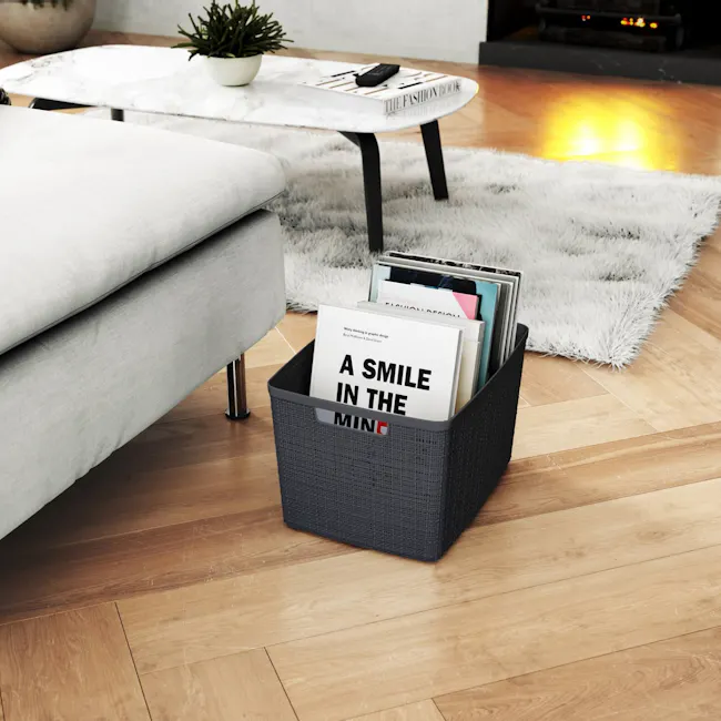 Jute Basket - Grey (3 Sizes) - 5 - modern living room, cozy furniture, gray sofa, white rug, wooden floor, contemporary