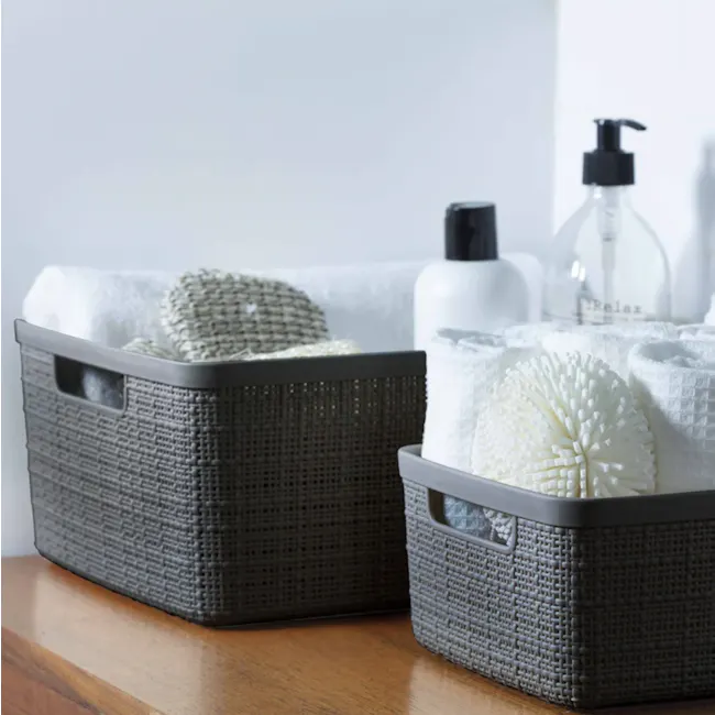 Jute Basket - Grey (3 Sizes) - 7 - woven storage basket, neatly organized, white towels, textured fabric, soft lighting