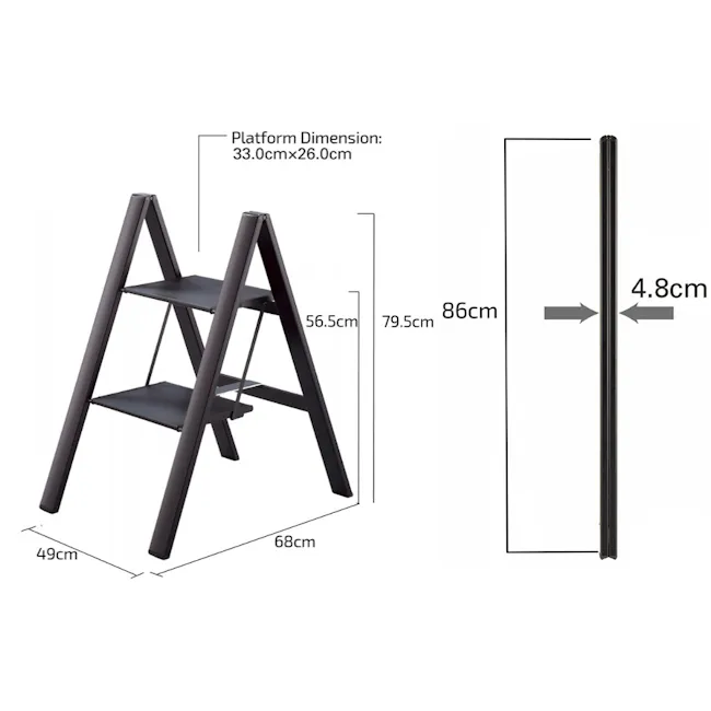 Hasegawa Lucano Slim Aluminium 2 Step Stool - Black - 5 - Step ladder, platform dimensions, 0cm x 0cm, 5cm, 86cm, 49cm