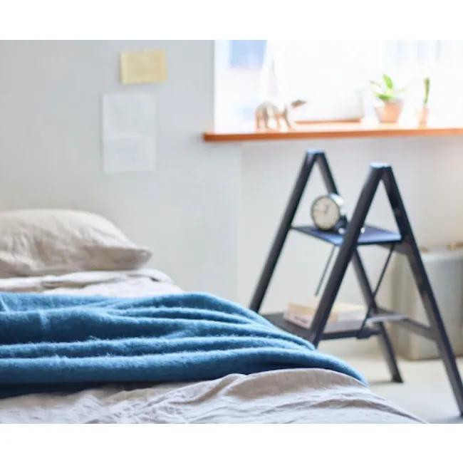 Hasegawa Lucano Slim Aluminium 2 Step Stool - Black - 3 - Bright room, cozy bed, blue blanket, beige pillows, window with