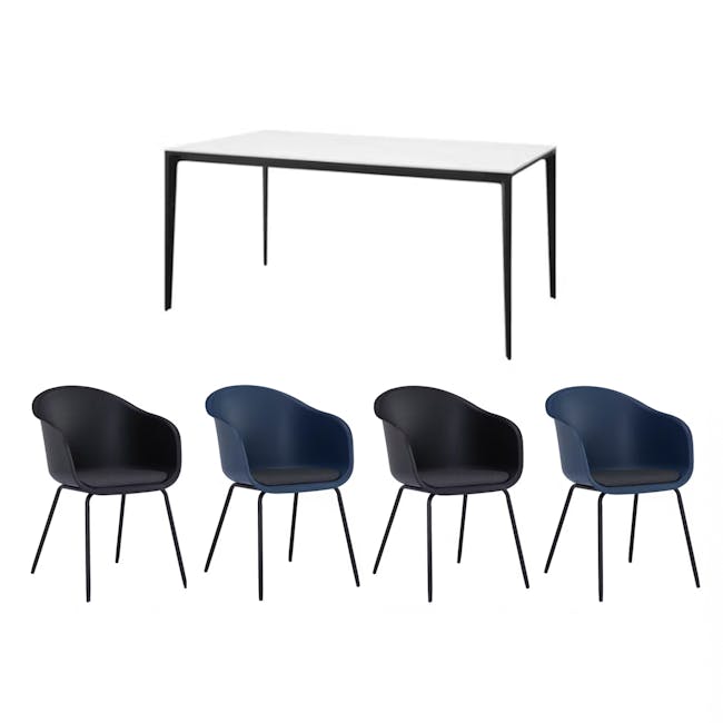Edna Dining Table 1.6m in Marble White (Sintered Stone) with 4 Rayner Dining Armchairs in Midnight Blue and Black - 0