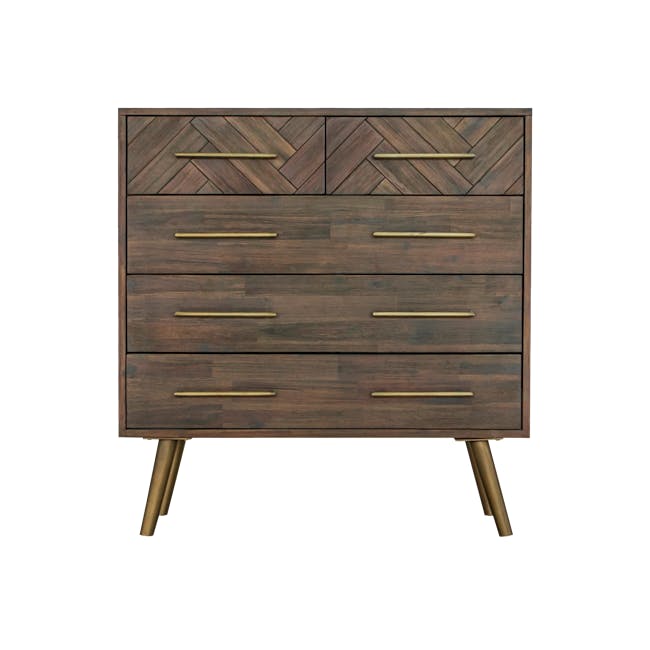 Cadencia 5 Drawer Chest 1m - 8 - Wooden dresser with geometric herringbone pattern, gold handles, three drawers, minimalist