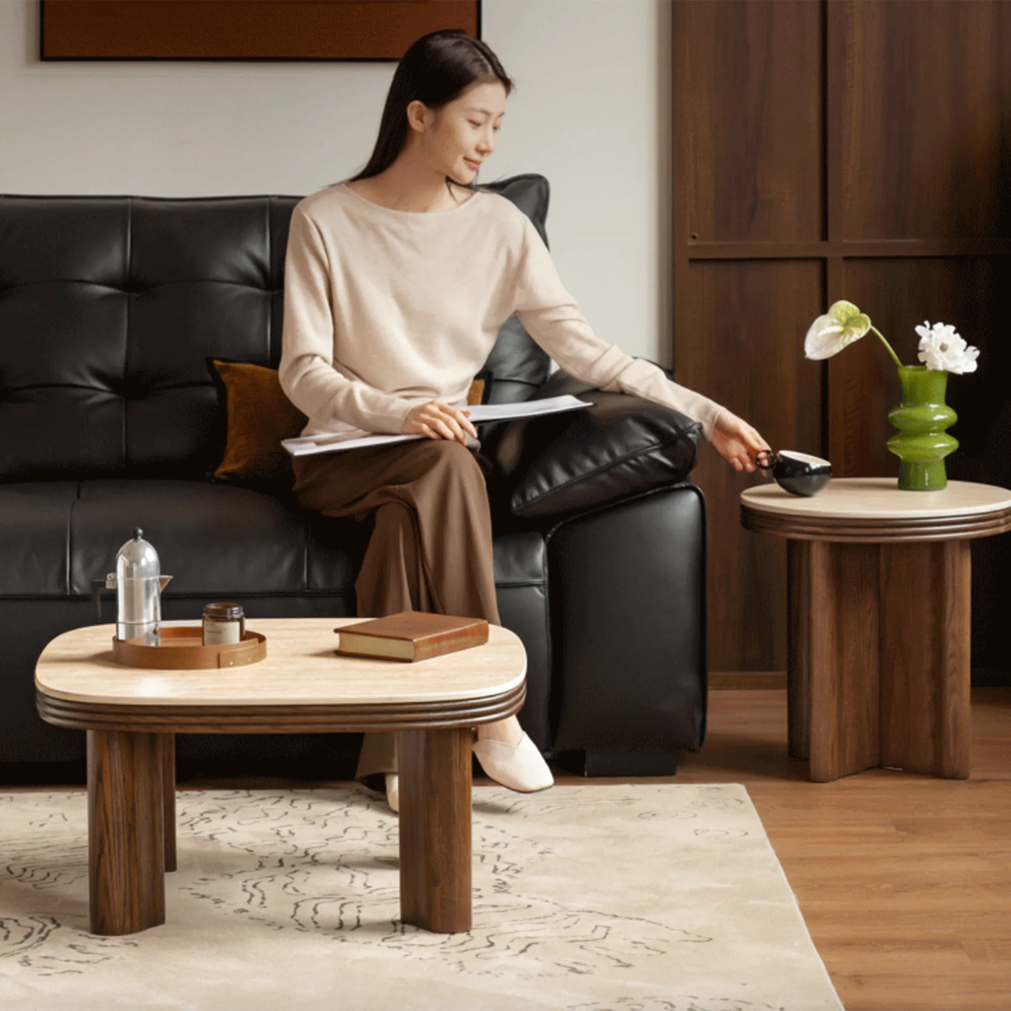 Reign Round Coffee Table 0.7m - Walnut, Travertine (Sintered Stone) - 10