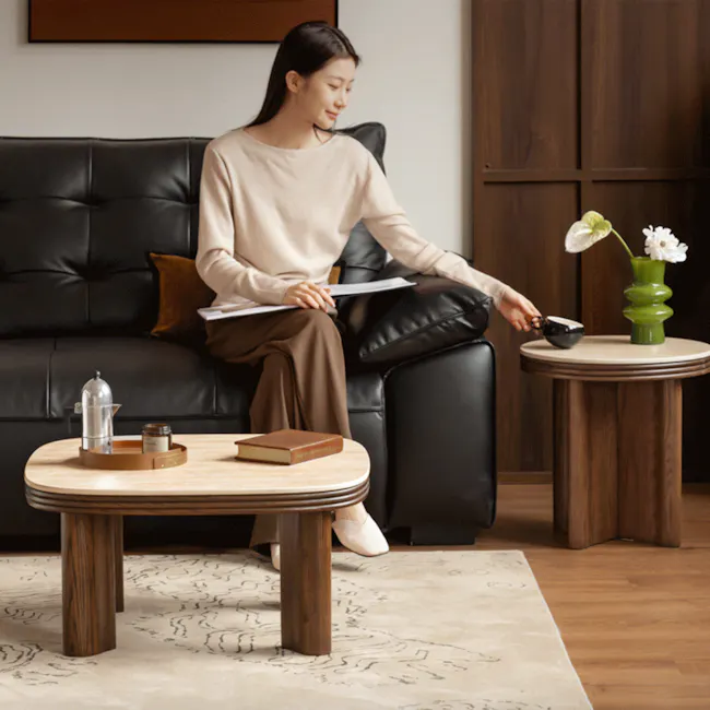 Reign Round Coffee Table 0.7m - Walnut, Travertine (Sintered Stone) - 10