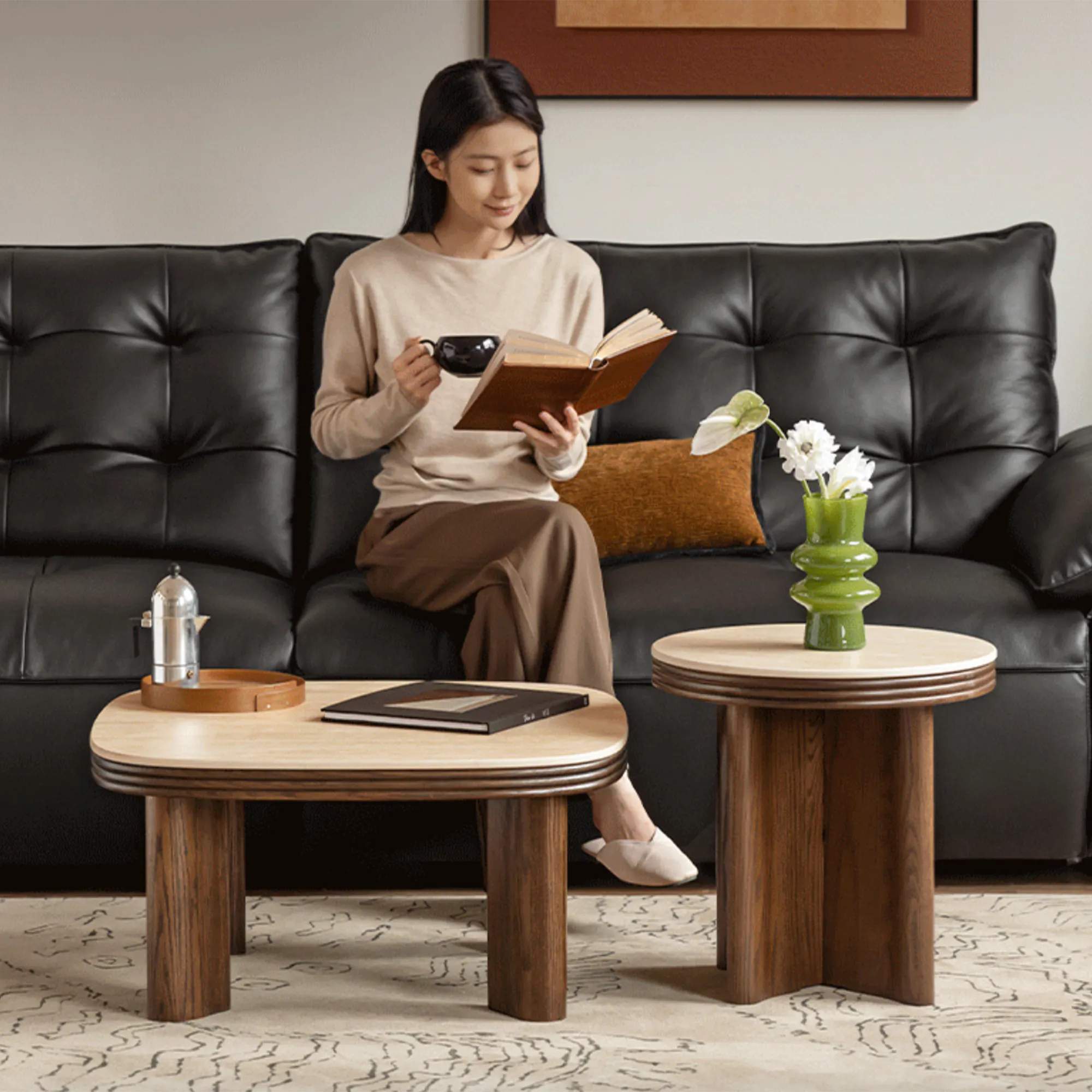 Reign Round Coffee Table 0.7m - Walnut, Travertine (Sintered Stone) - 13