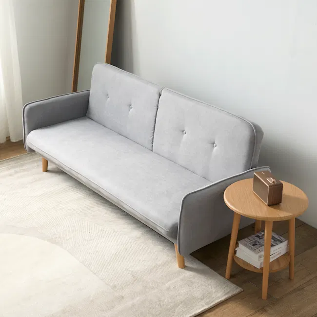 Emery 3 Seater Sofa Bed - Pigeon Grey - 2 - Modern gray sofa, minimalist decor, light gray upholstery, wooden legs, round