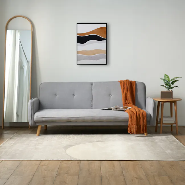 Emery 3 Seater Sofa Bed - Pigeon Grey - 3 - Modern living room, minimalist decor, light gray sofa, wooden legs, beige rug