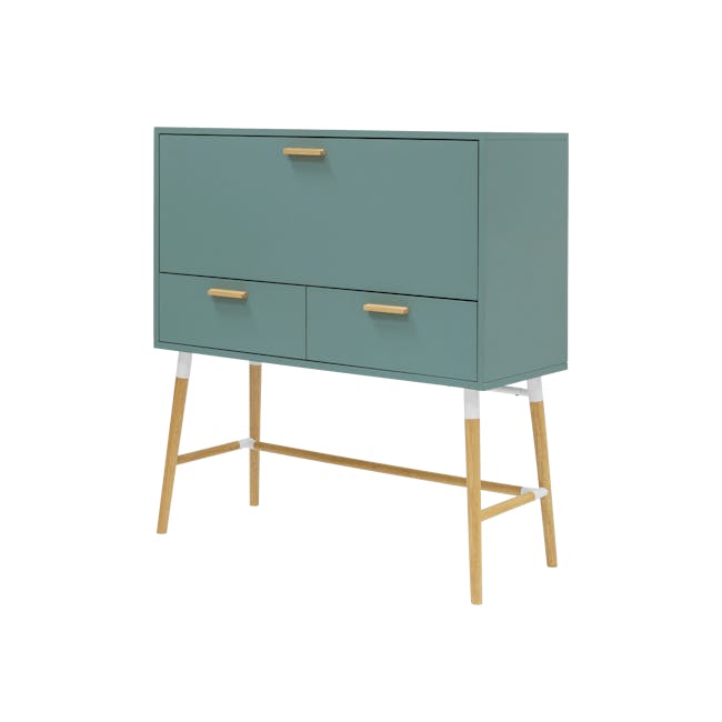 Arod Study Table 1m - Sage Green - 1 - Teal wooden cabinet with two drawers, light wooden handles, white metal frame, tripod
