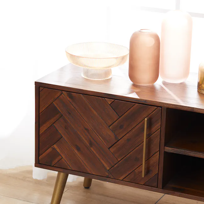 Cadencia TV Console 2m - 10 - Modern wooden side table, geometric design, warm lighting, herringbone pattern, brass legs