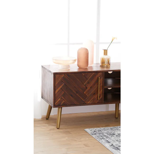 Cadencia TV Console 2m - 9 - Wooden side table with gold legs, geometric herringbone pattern, wooden cabinet with gold