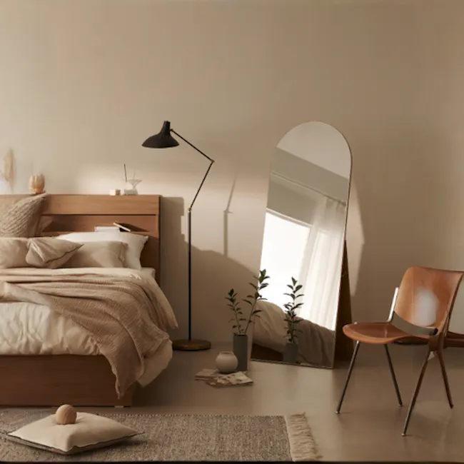 Chris Standing Mirror - Oak (2 Sizes) - 3 - Modern minimalist bedroom, cozy bed with beige bedding, wooden headboard, floor