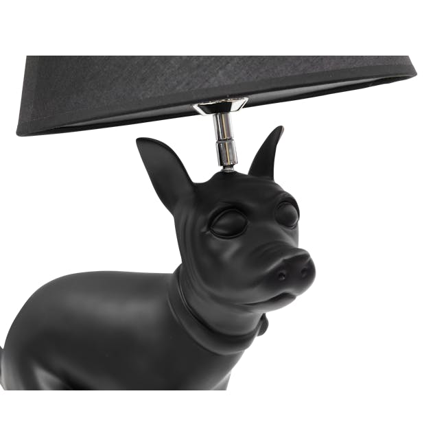 Pooping Dog Table Lamp - Black - 4 - Black dog sculpture, black fabric lampshade, chrome lamp arm, sleek design, glossy
