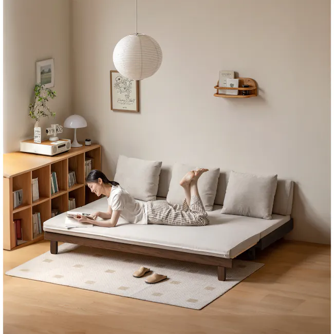 Reese 3 Seater Sofa Bed - Walnut, Off White - 4 - Minimalist living room, cozy reading nook, woman reading, modern