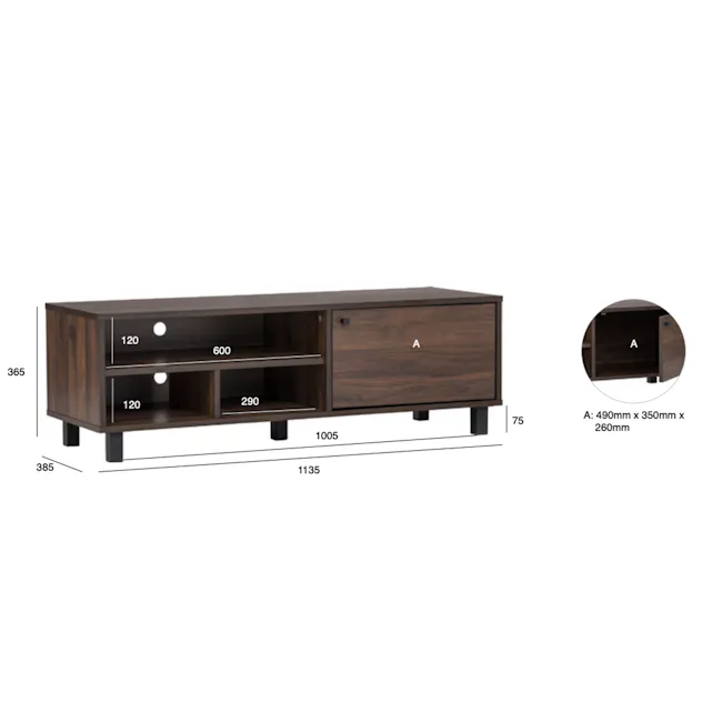 Ariane TV Console 1.1m - 8 - Wooden TV cabinet, 490mm x 350mm x 260mm, 75 cm depth, 120 cm width, 1005 cm height, 385 cm