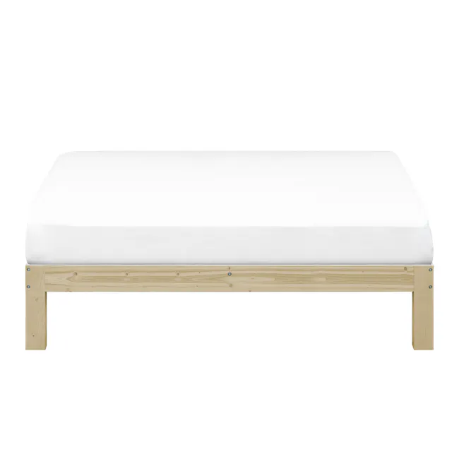 Katana Queen Wooden Headboard Bed - 4 - Wooden bed frame, white mattress, wooden slats, minimalist design, natural wood