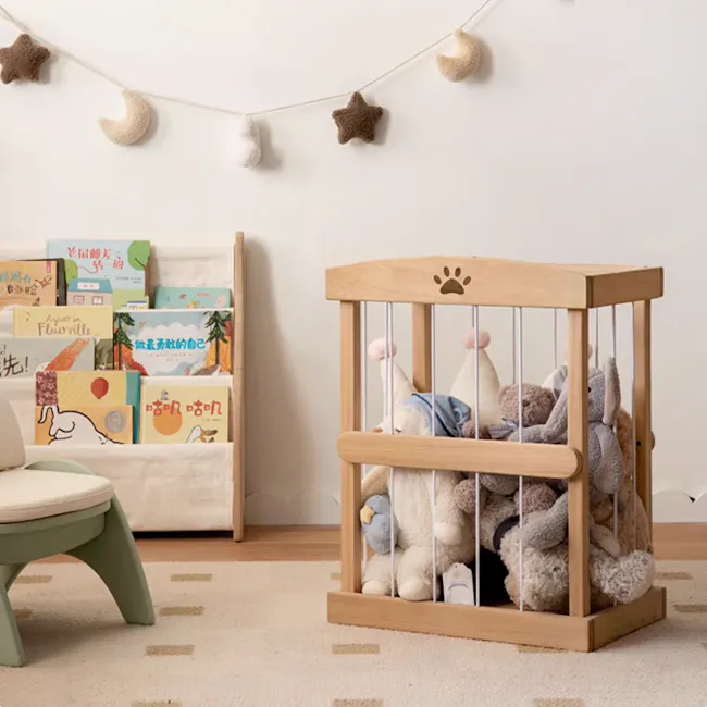 Micah Wooden Kids Toy Storage - 4 - Wooden crib with stuffed animals, soft bedding, baby chair, colorful books, string
