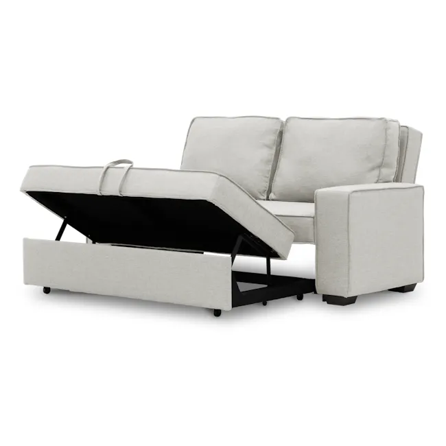 Arturo 3 Seater Sofa Bed - Beige (Eco Clean Fabric) - 11 - Modern sofa with gray fabric, armrests, and black metal frame