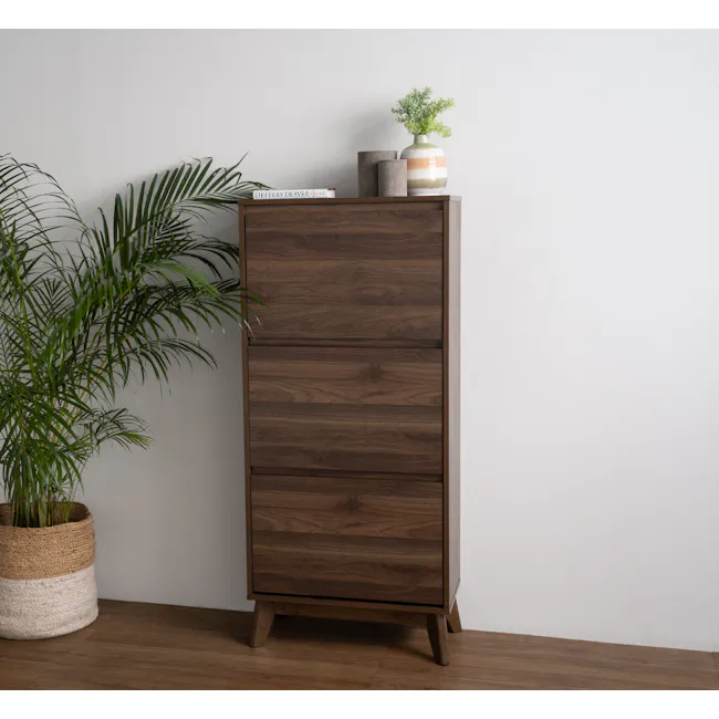 Herschel Shoe Cabinet - Walnut - 3 - Wooden dresser, minimalist design, dark wood finish, three drawers, rectangular shape