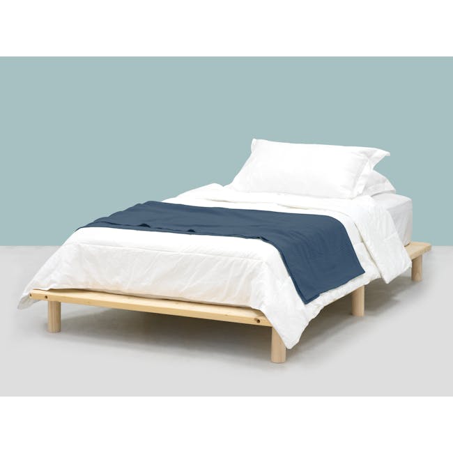 Hiro Single Wooden Platform Bed - 3 - Modern minimalist bedroom, white and blue bedding, wooden bed frame, simple design