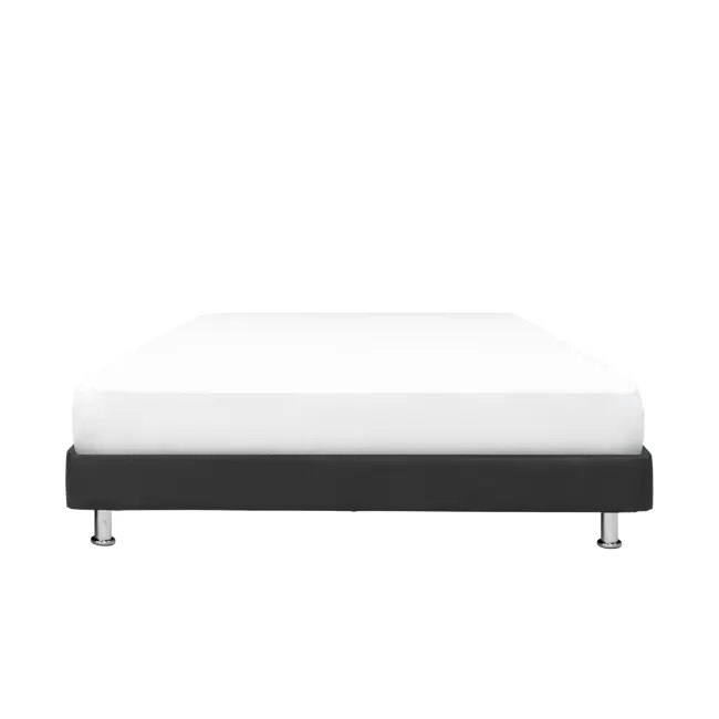 ESSENTIALS Queen Divan Bed - Black (Faux Leather) - 1 - Modern minimalist bed with sleek black frame, white comforter, and