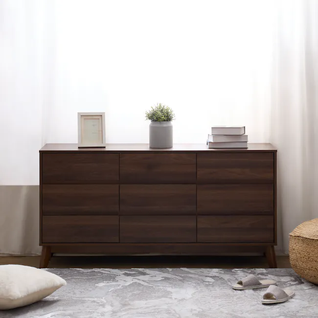 Herschel 9 Drawer Chest 1.5m - Walnut - 2 - Wooden dresser, minimalist design, dark wood finish, three drawers, white and