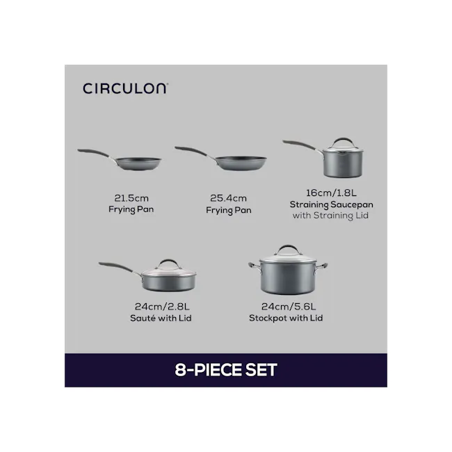 Circulon ScratchDefense A1 Nonstick 8 Piece Cookware Set - 9 - Circulon frying pan, 5 cm frying pan, 4 cm frying pan, 16