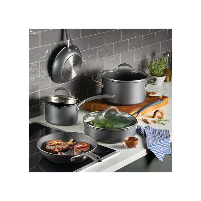 Circulon ScratchDefense A1 Nonstick 8 Piece Cookware Set - 11 - Grey kitchen countertop, modern cooking setup, stainless