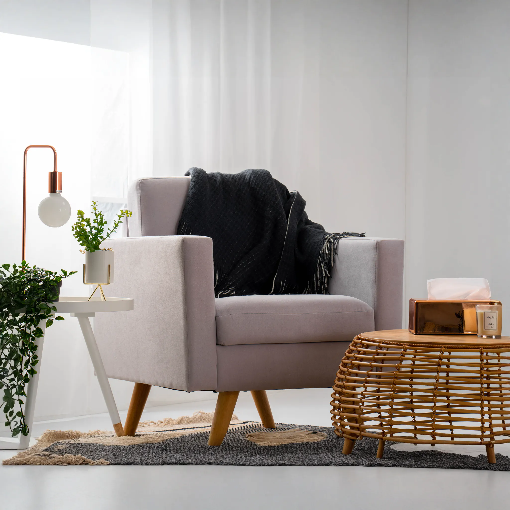 Innis Side Table - White, Natural - 11 - Light fixture, white wall, modern decor, gray armchair, black throw blanket, green